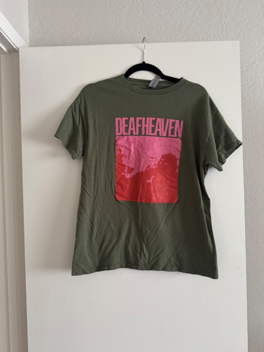 Deafheaven Band Tee | Olive Green with Pink & Red Graphic | Size Medium